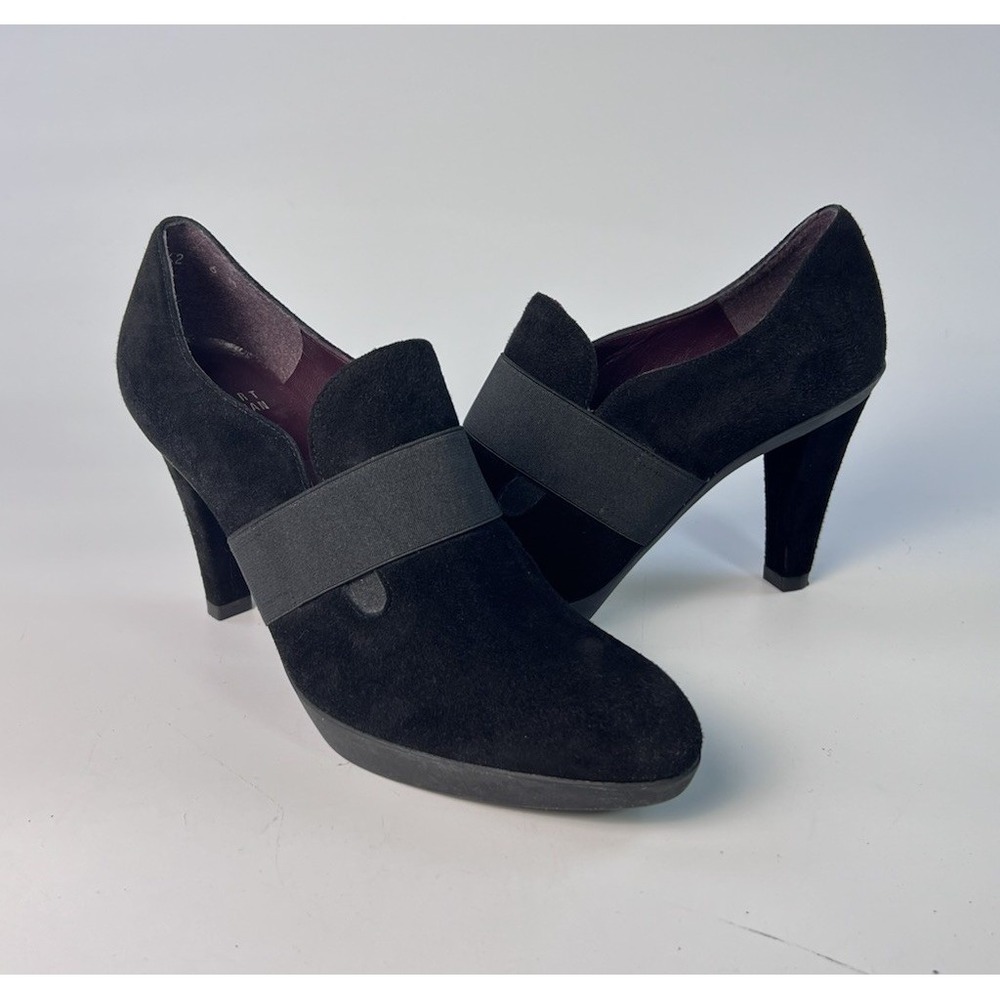 Stuart Weitzman Black Suede Elastic Band Platform Pumps Shooties Heels 6 M Spain